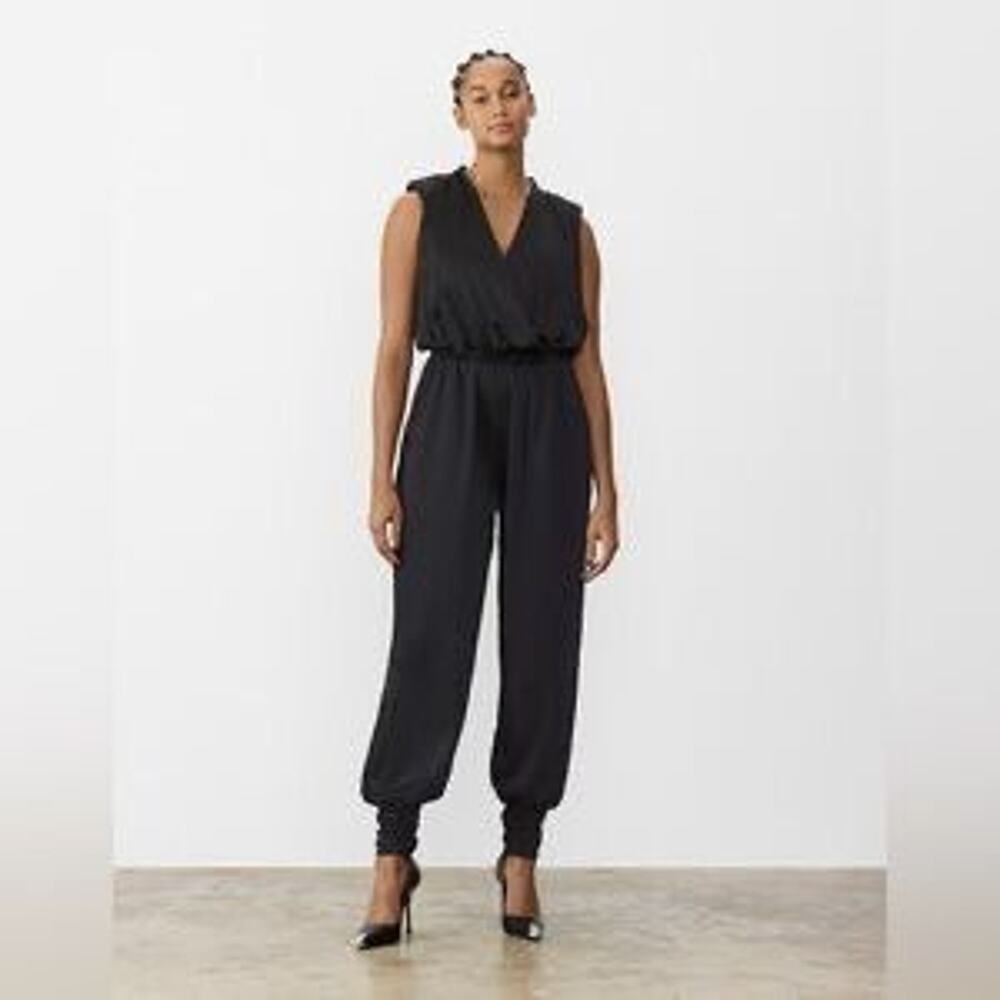 NWT $298 GSTQ Large BLACK SATIN JUMPSUIT